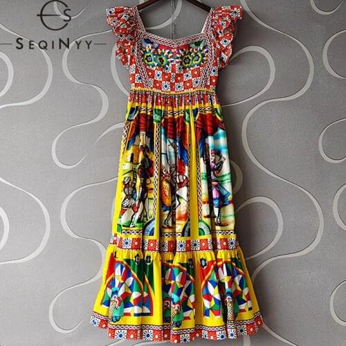 SEQINYY 100% Cotton Dress Summer Spring New Fashion Design Women Runway High Quality Ruffles Plaid Flowers Vintage Warrior Print