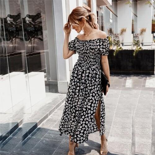 Womens Dress Summer off shoulder elastic waist floral printed long dress Holidays beach Casual famle long dress