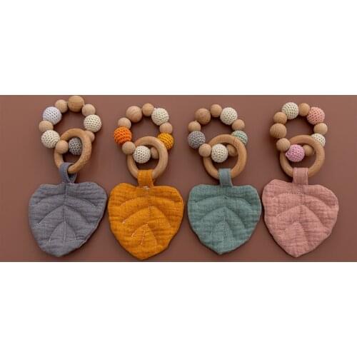 1PC Baby Wooden Teether Cotton Leaves Gym Play Beech Ring Teething Bracelet Pendant Crochet Beads Montessori Baby Products Toys