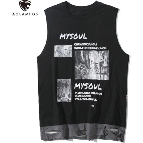 Aolamegs Tank Tops Men Retro Picture Letter Print Hole Sleeveless Tee Couple Cozy Fashion High Street Vest Men Streetwear Summer