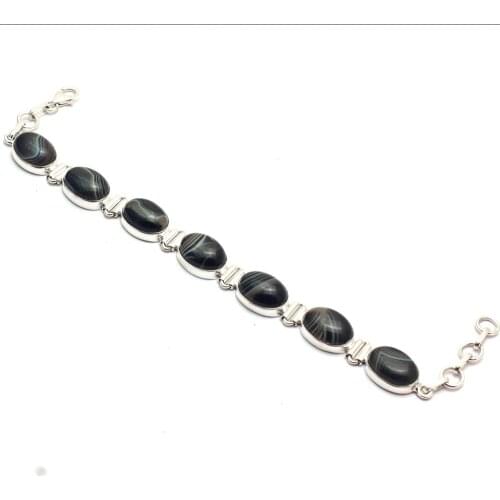 Genuine Botswana Agate Bracelet 925 Sterling Silver, Women Fine Jewelry Gift, 19.5 cm, MHBBR0196