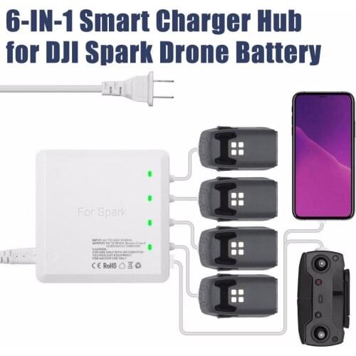 Fast Charger 6-in-1 Smart Charging Hub with 2 USB Ports for DJI Spark Drone Battery and Remote Controller +EU Plug