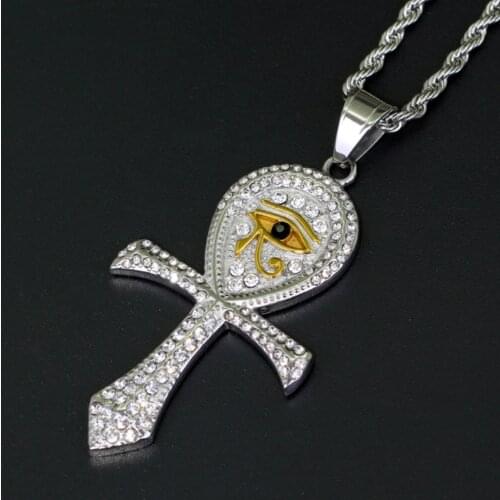 Hip Hop Bling Iced Out Eye of Horus Cross Pendant Necklace For Men Women Goth Cross Jewelry With Long Link Cain Jewelry
