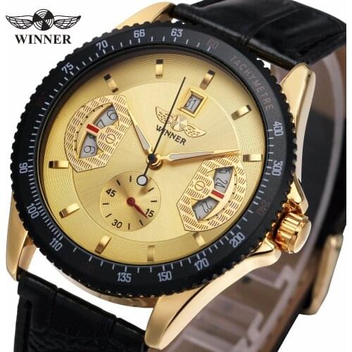 2018 WINNER Brand Man Fashion Auto Mechanical Watch Casual Leather Strap Sub Dial Date Display Tachometer Top Luxury WristWatch