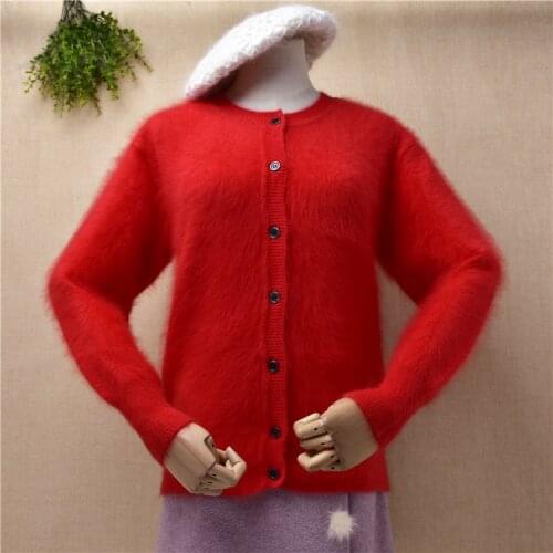 Ladies women fashion Fall Winter red soft angora rabbit hair knitted long sleeves slim cardigans angora fur jacket coat sweater