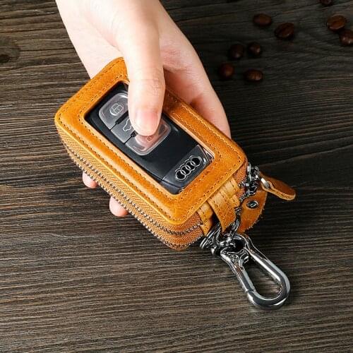 Cowhide Car Key Housekeeper Holder Case High Quality Keychain Wallet Double Zipper Multifunction Women Men Key Cover Bag