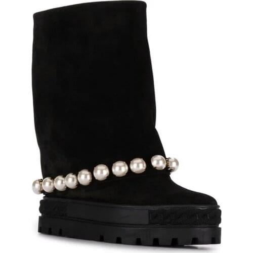 Ins Woman Pearls Inner-Increasing Platform Leather Mid-Boots Double Platform sole Inner Heel Woman Pearls Beading Mid Boot