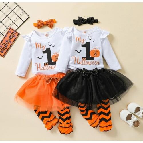4Pcs Toddler Halloween Outfits, Letters Long Sleeves Romper + Tutu Skirt + Leg Warmer + Headband for Baby Girls