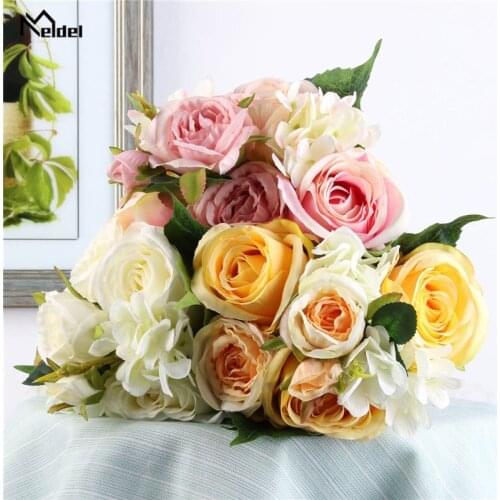 Meldel Silk Roses Hydrangea Bridesmaids Bouquet Flower Wedding Bouquet Artificial Flower Roses Bridal Bouquet Hand Holding Flore