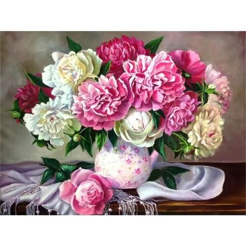 Peony Flowers House DIY 11CT Cross Stitch Embroidery Kits Needlework Craft Set Printed Canvas Cotton Thread Home Room