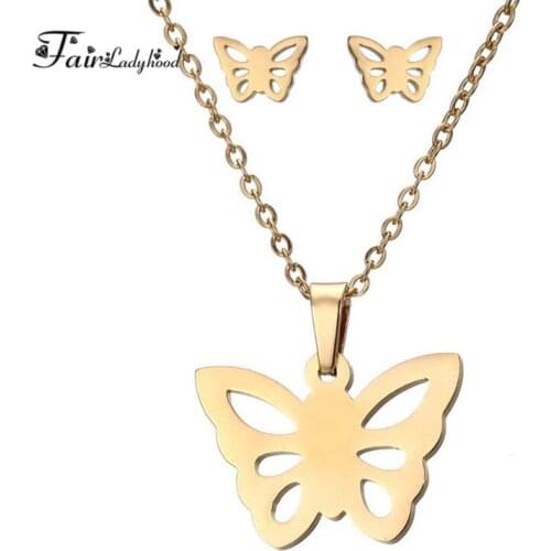 Fairladyhood 2017 New Stainless Steel Butterfly Clavicle Necklace Earrings Set Sweater Chain Necklace Wholesale Jewelry Set