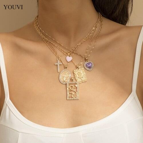 YOUVI 6Pcs/Set Zircon Heart Crystal Dragon Pedants Necklace for Women Men Coin Choker Necklace Jewelry Set Collar Accessories