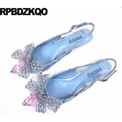 Bow Crystal Pumps Brand Women Shoes 2021 Sandals Pointed Toe Bridesmaid High Heels Medium Kitten Satin Blue Flower Slingback