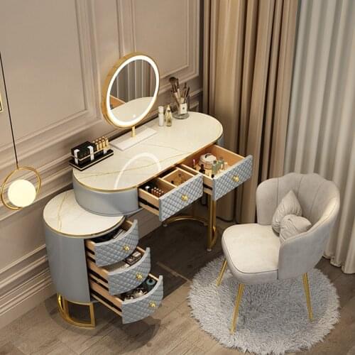 Modern Minimalist Light Luxury Dressing Table White Leather Makeup Storage Cabinet Dressers For Bedroom 6 Drawer Adjustable Desk