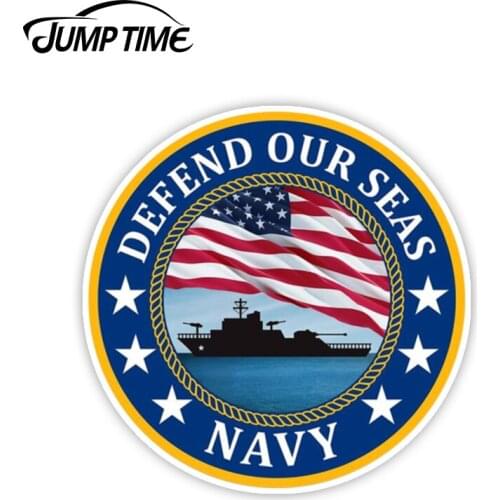 Jump Time 13cm x 13cm Defend Our Seas US Navy Round Sign Military Vinyl Sticker Car Truck Window Decal Bumper Car Accessories
