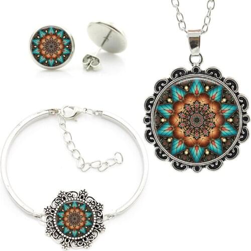 Jewellery sets mandala trees om yoga for women glass cabochon Art Picture necklace earrings bracelet jewelry set Flower fashion