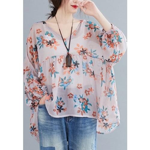 Oversized Women Casual Chiffon T-shirts New Arrival 2021 Summer Vintage Style V-neck Floral Print Loose Female Tops Tees S3509
