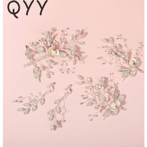 QYY Handmade Bridal Hair Jewelry for Women Wedding Accessories Prom Headbands Silver Color Earrings Bride Headpiece Gifts