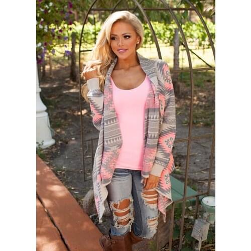 Women Irregular Geometric Printed Cardigan Open Front Loose Aztec Sweaters Jumper Outwear Jackets Coat Tops