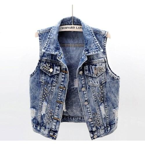 Women Summer Sleeveless Denim Jacket Kawaii Cat Printed Vest Top Hole Ripped Rivets Waistcoat Ladies Casual Jean Vests Coat