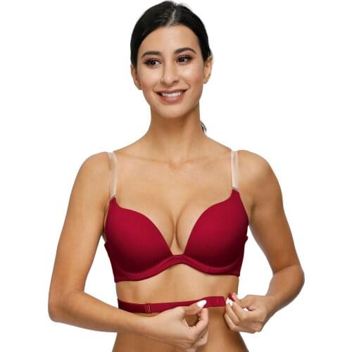 YANDW Red Padded Push Up Bras for Women Low Back Cut Ladies Underwear Multiway Clear Straps Bralette Plunge Brassiere Adjustable
