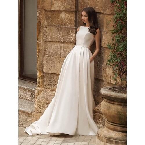 Boat Neck Satin Sash Wedding Dress 2021 Applique Lace Back Buttons Up Bridal Gowns Robe De Soiree Bride to be атласное платье