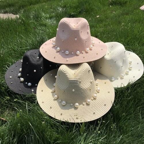 2021 New Summer British Pearl Beading Wide Brimmed Straw Hat Shading Sun Hat Lady Beach Hat Sunscreen Fashion Jazz Cap
