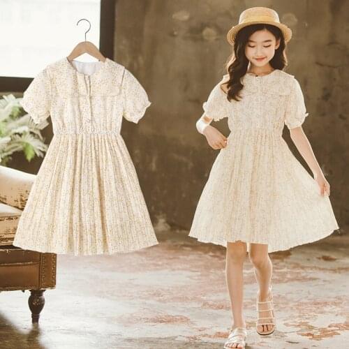 2021 Summer Girls Dress Clothes Girls Princess Dress Korean Floral Peter Pan Collar Dresses Elegant Party Chic Dress 4 To 12 Yrs