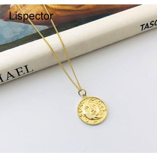 Lispector 925 Sterling Sliver Carved Sun Moon Faces Pendant Necklaces for Couple Round Coin Chain Necklace Unisex Jewelry Gifts