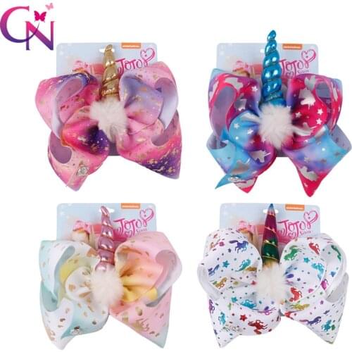 8 Inch Large Unicorn Hair Bow Hair Clip White Pompom Rainbow Unicorn Bow Handmade Printed Ribbon Hairbows Girls Hair Accessories