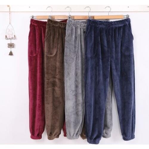 Flannel home trousers autumn and winter thick mens trousers coral fleece plus velvet warm couple pajamas plus size