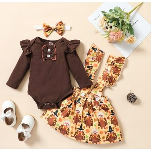 FOCUSNORM 0-24M Autumn Baby Girls Boys Thanksgiving Clothes Sets 3pcs Ruffles Long Sleeve Bow Romper Turkey Pants/Dress Headband