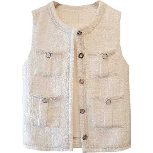 Ins Chic Europe American Woman Tweed Vest French Vintage Buttons Sleeveless Short Jacket Lady Top Outerwear