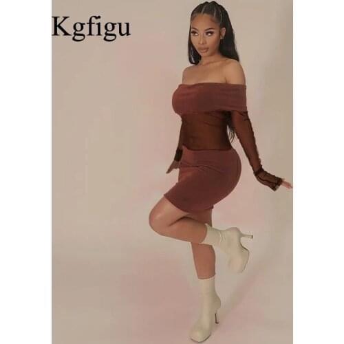 KGFIGU 2021 New Arrival Summer Off Shoulder Hollow Out Strapless Brown Solid Sexy Birthday Party Elegant Women Dress