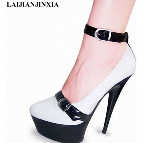 LAIJIANJINXIA 15cm high-heeled shoes sexy 6 inch platform round toe color block decoration single shoes girl Dance Shoe