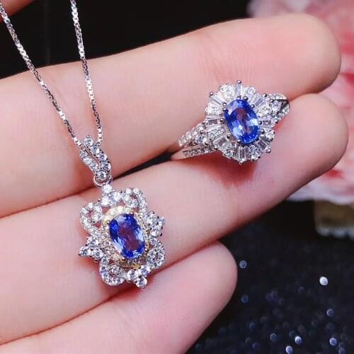CoLife Jewelry Vintage Tanzanite Jewelry Set for Daily Wear 100% Natural Tanzanite Pendant Ring Set 925 Silver Tanzanite Jewelry