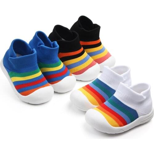 New Baby Rainbow Sstripe Shoes Infant Baby Toddler Boy Girl Knit Soft Sole Rubber Socks Shoes Slipper Comfortable Fashion Shoes