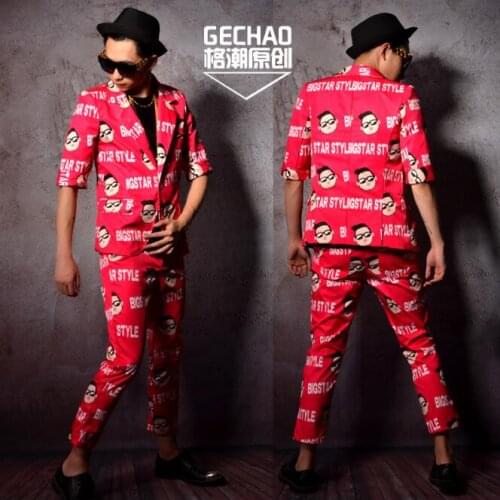 New rose red letter design Medium sleeve suit Nightclub star bar singer DJ DS show costumes stage formal dress summer blaze