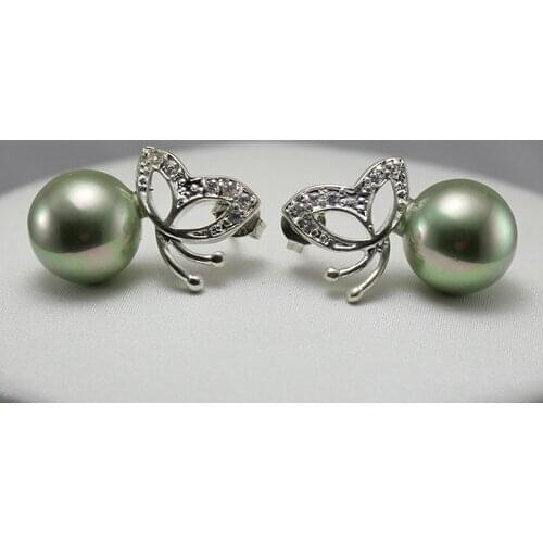 Wholesale fashion jewelry Elegant light green 8mm shell pearl with butterfly silver plated Earring #205