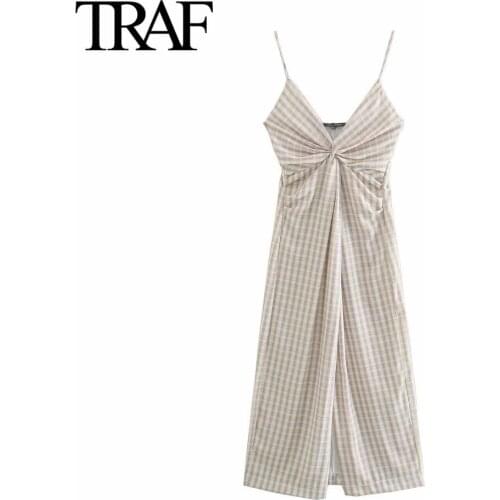 Traf Za Women Fashion Vintage Side Zipper Sleeveless Dress Sexy V-neck Summer Knotted Plaid Dresses MIDI Dress Vestidos Mujer