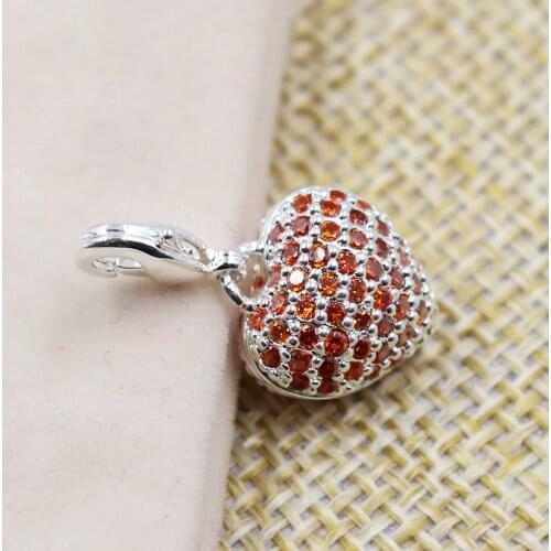 925 Sterling Silver Orange Zirconia Solid Heart Charms Pendant Fit Necklace Bracelet Bag, Most Fashion Charm Jewelry for Women