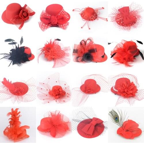 15design Handmade Red Fascinators Flowers Beads Church Pillbox Top Hat Veils Hair Clips Cocktail Women Hairpiece