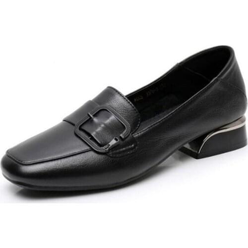 New Soft Top Cowhide Square Head Women Shoes Elegant Comfort Low Heel Shoes Fashion Casual Shoes Large Size Women Leather Shoes