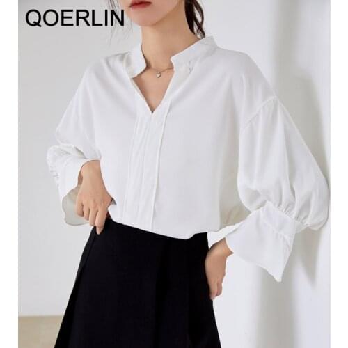 QOERLIN V-neck Chiffon Shirt Womens Three Quarter Sleeves 2021 Summer New Lantern Sleeve Sweet White Blouse Plus Size Pullovers