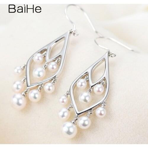 BAIHE Genuine Solid 14K White Gold 3.5-5mm Natural Freshwater Pearls Trendy Fine Jewelry Pearl Earrings Women серьги сережки