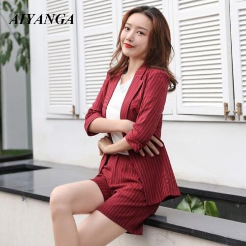 Summer Pants Suits 2 Piece Set For Women Double-breasted Stripe Blazer Jackets & Short Trouser Office Women Suit Feminino 2019