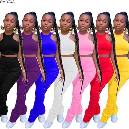 CM.YAYA women solid sleeveless crop tank tops stacked bell bottom jogger sweatpants suit two piece set sport tracksuit outfit