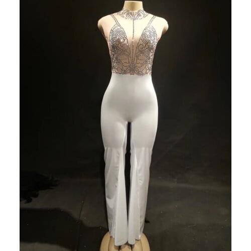 Women Silver Rhinestones Stretch Sexy Jumpsuit Female Singer Dance Sexy Nude White Clothes Nightclub Outfit One-piece Jumpsuits