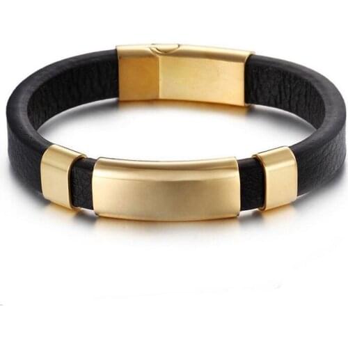 20cm Genuine Black Leather Simple Wrap Men Bracelet Gold Silver Color Stainless Steel Wristband Mens Bracelets Bangles Jewelry