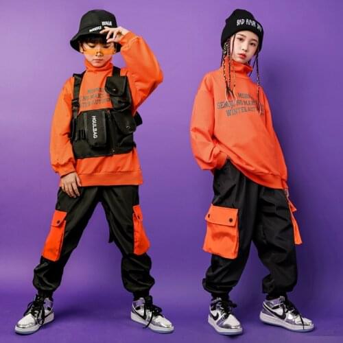 Kids Hip Hip Clothing Outfits Loose Turtleneck Sweatshirt Tops Pocket Vest Jogger Pants For Girls Boys Street Jazz Dance Costume